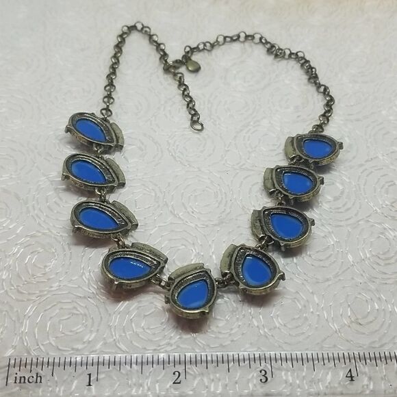 J.Crew Blue Necklace Oval Drop Rhinestone Link Station Statement Antique Gold - Picture 9 of 9